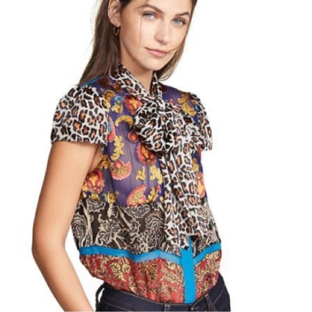 Alice and Olivia Jeannie brocade leopard patchwork dramatic bow blouse XS S - Picture 2 of 4